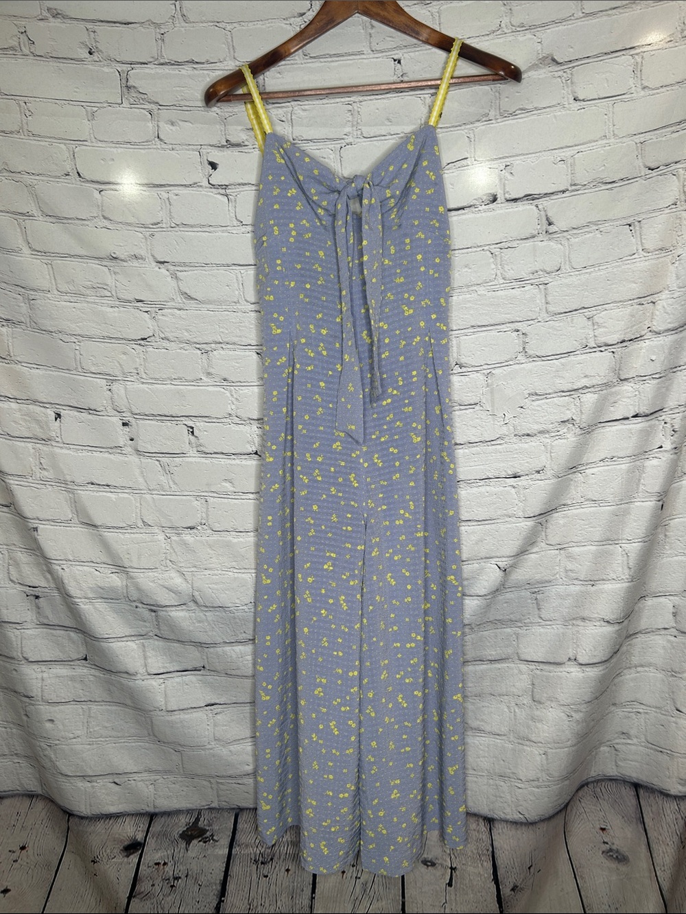 Free People Gray Wide Leg Jumpsuit with Yellow Floral Print and Tie Front